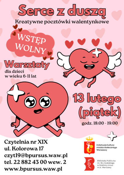 Różowy plakat walentynkowy z dwoma sercami oraz serduszkami w tle, promujący wydarzenie z okazji Dnia Zakochanych