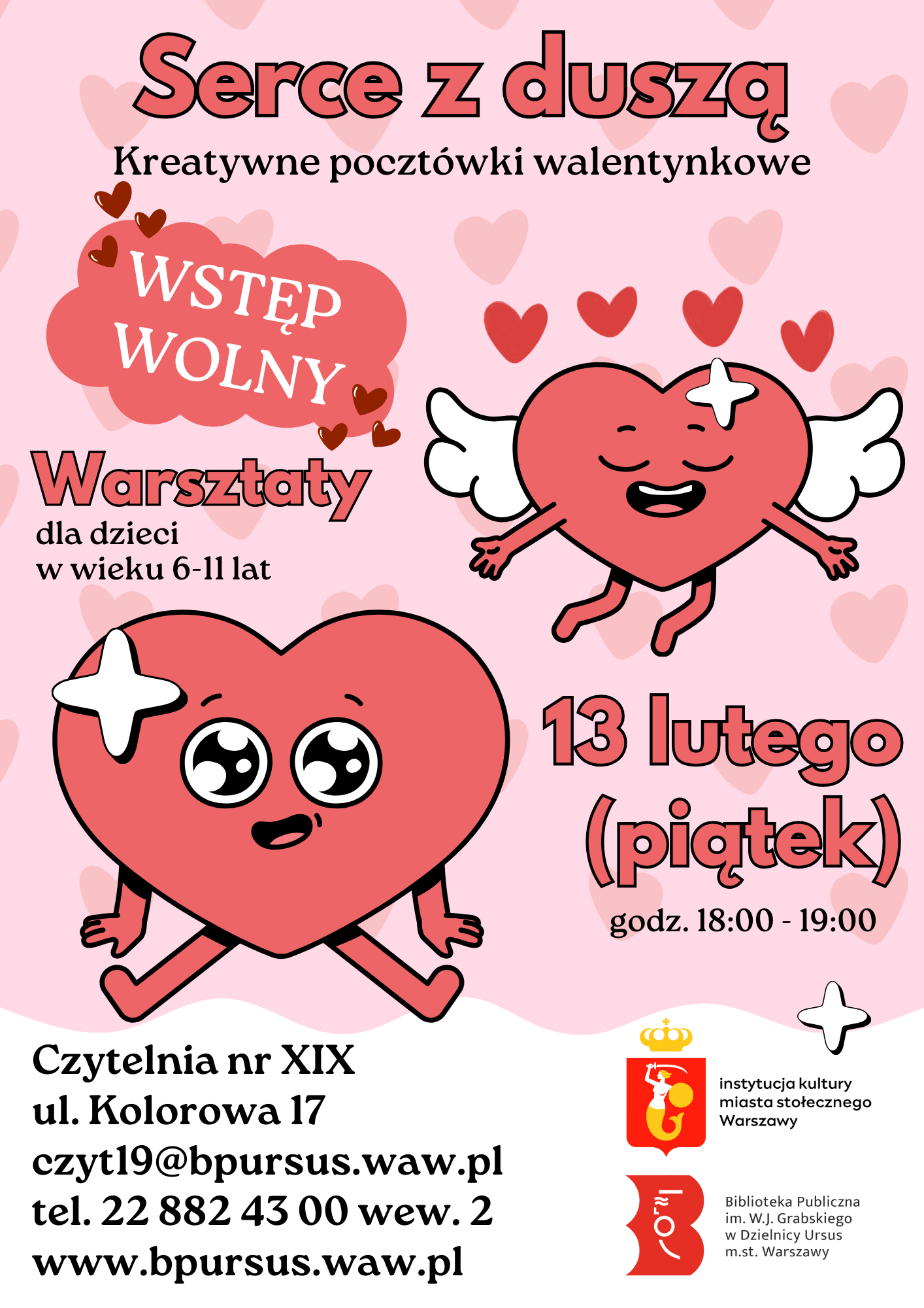 Różowy plakat walentynkowy z dwoma sercami oraz serduszkami w tle, promujący wydarzenie z okazji Dnia Zakochanych