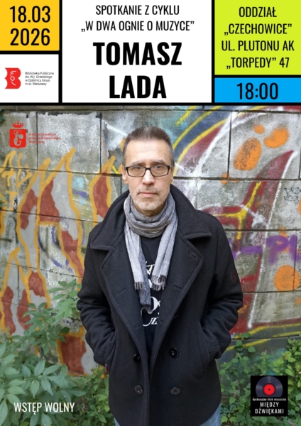 Plakat przedstawia mężczyznę w okularach, czarnym płaszczu i szarym szaliku