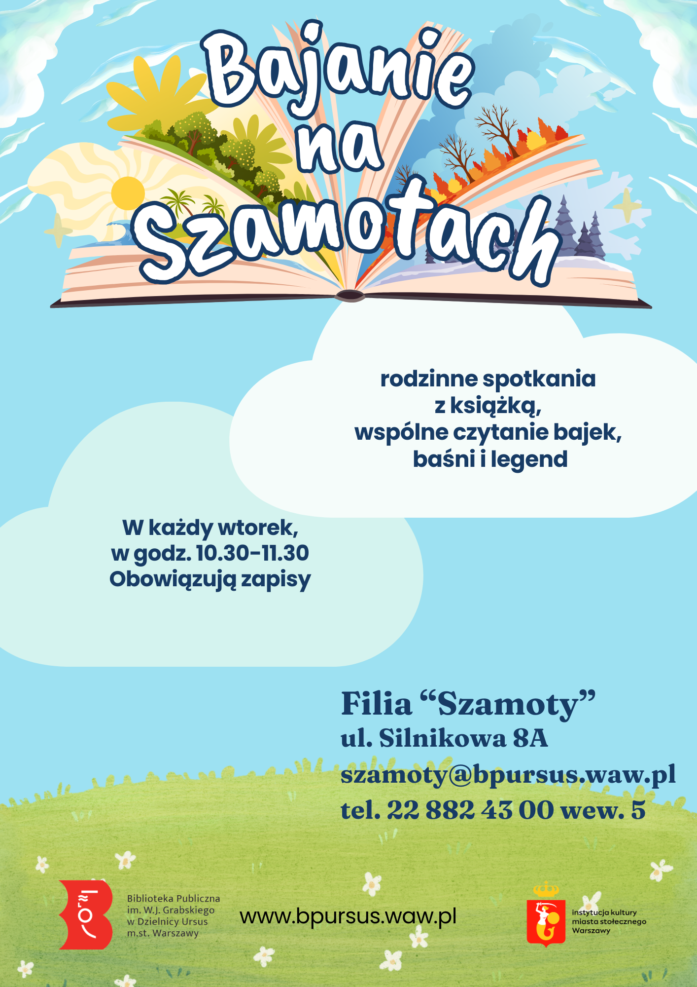 Plakat dotyczący bajania na szamotach, zawierający ilustracje chmurek na błękitnym niebie i szczegóły wydarzenia