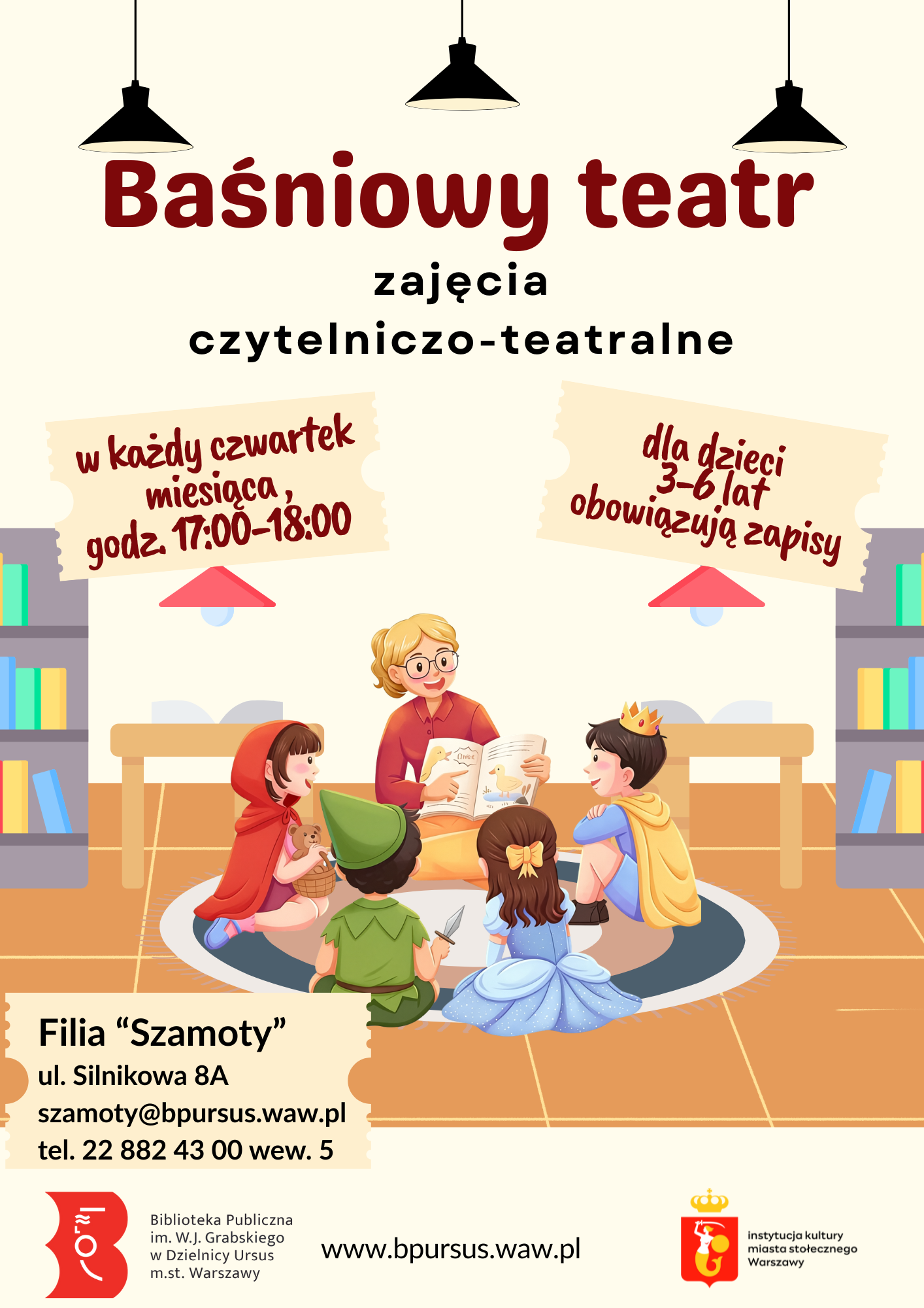 Kobieta w okularach siedzi na dywanie z książką, otoczona dziećmi przebranymi za postacie z bajek.