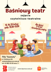 Kobieta w okularach siedzi na dywanie z książką, otoczona dziećmi przebranymi za postacie z bajek.