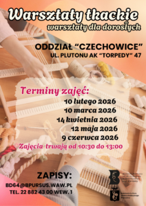 Plakat przedstawia szycie na drewnianych ramkach tkackich, otoczone kolorowymi nićmi
