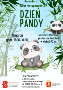 Plakat przedstawiający dwie pandy bawiące się wśród liści bambusa.