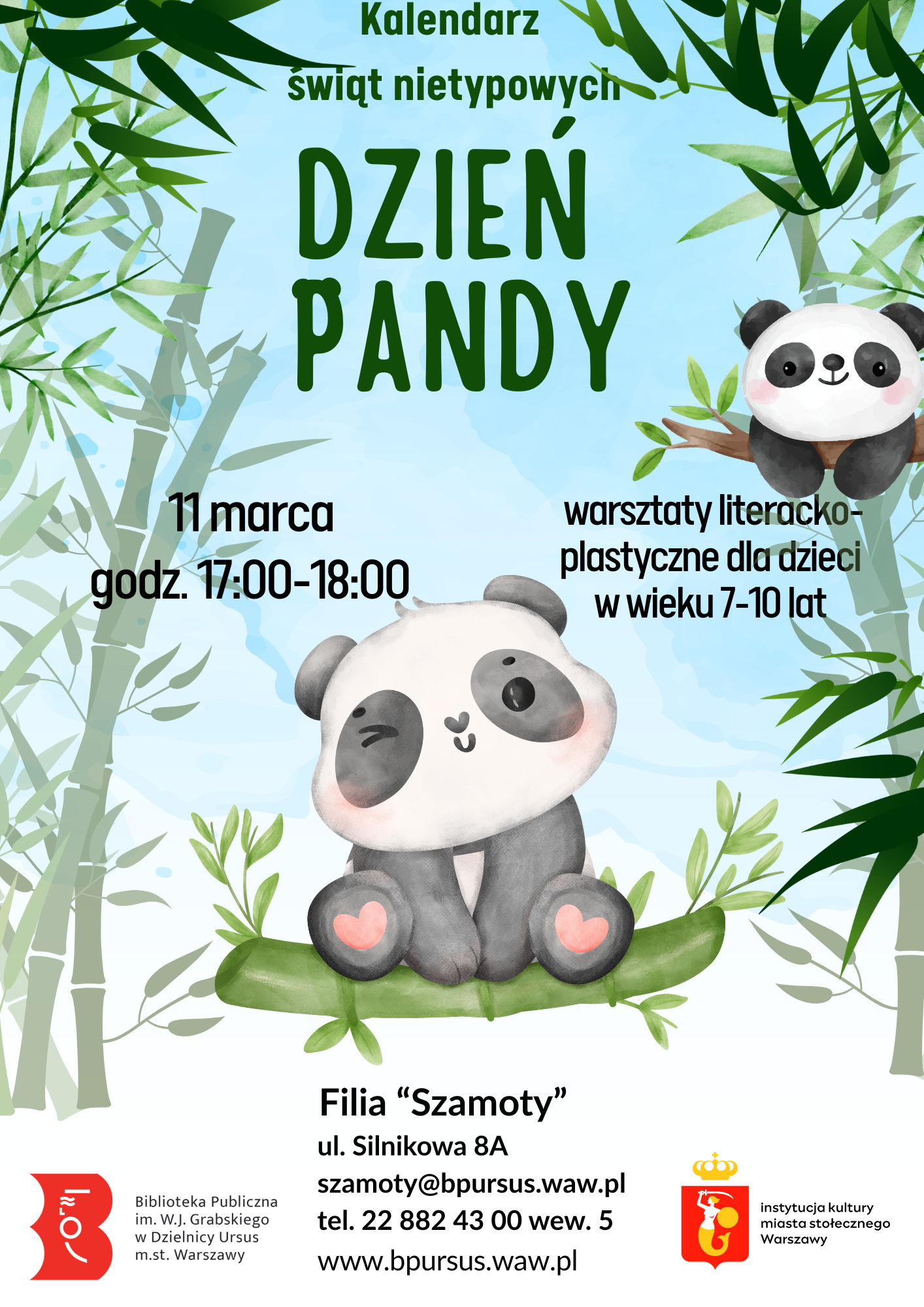 Plakat przedstawiający dwie pandy bawiące się wśród liści bambusa.