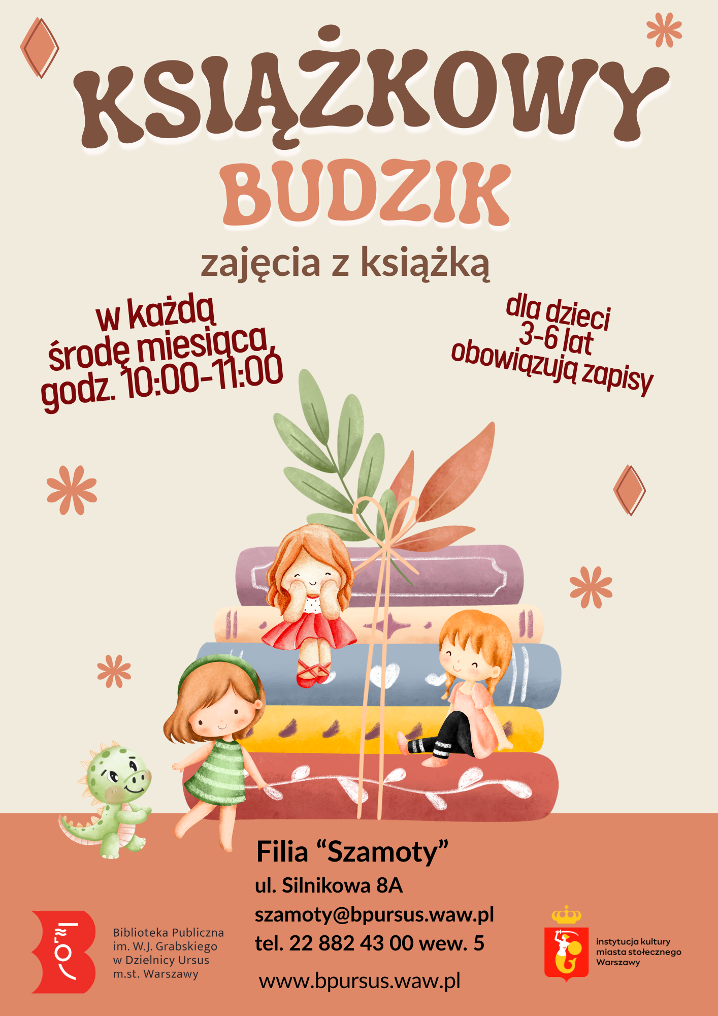 Akwarelowa ilustracja przedstawiająca kolorowe książki, listki i lalki w różnorodnych strojach.