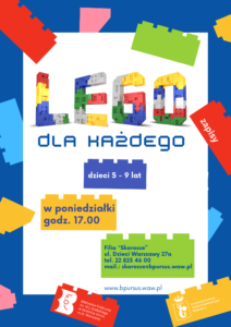 Plakat promujący zajęcia z LEGO z różnymi klockami, ilustrujący zabawę i wyobraźnię w tworzeniu