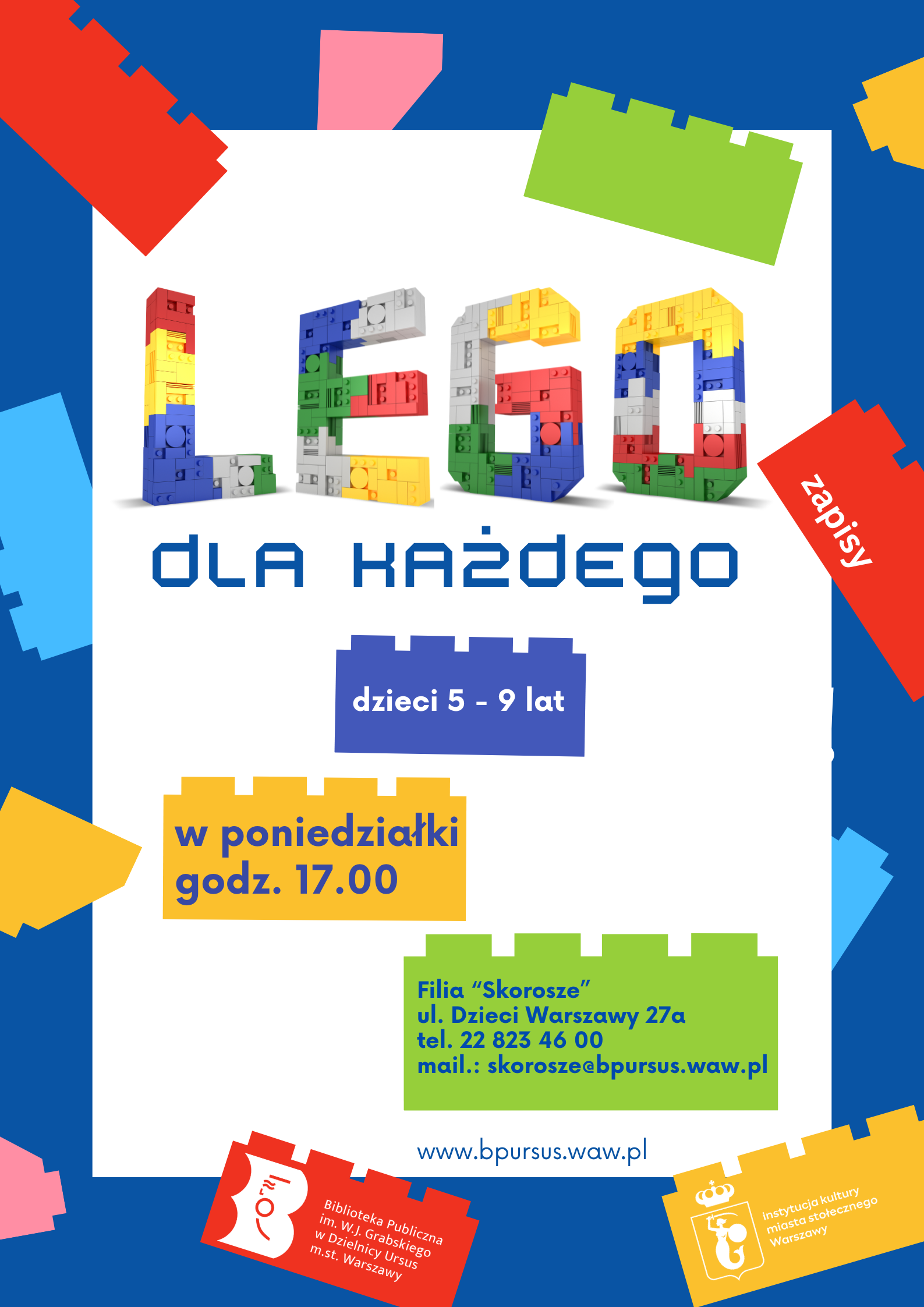 Plakat promujący zajęcia z LEGO z różnymi klockami, ilustrujący zabawę i wyobraźnię w tworzeniu