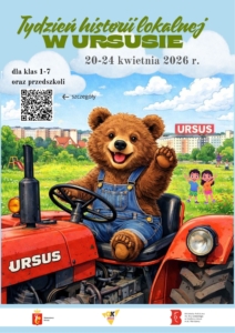 miś w niebieskich spodniach za kierownicą czerwonego traktora