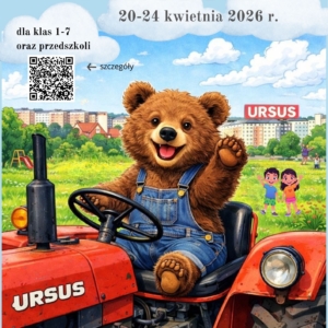 miś w niebieskich spodniach za kierownicą czerwonego traktora