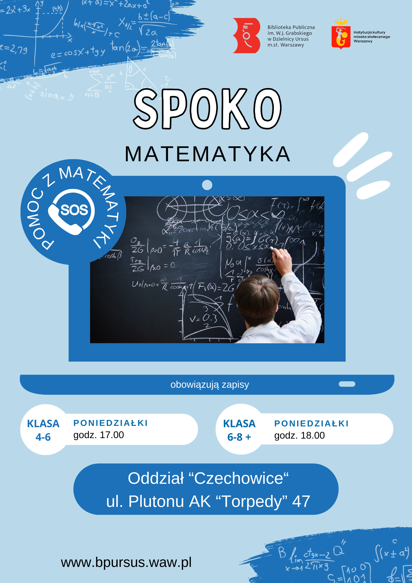 Grafika z wielokrotnym napisem "spoko matematika", promująca entuzjazm w nauce matematyki