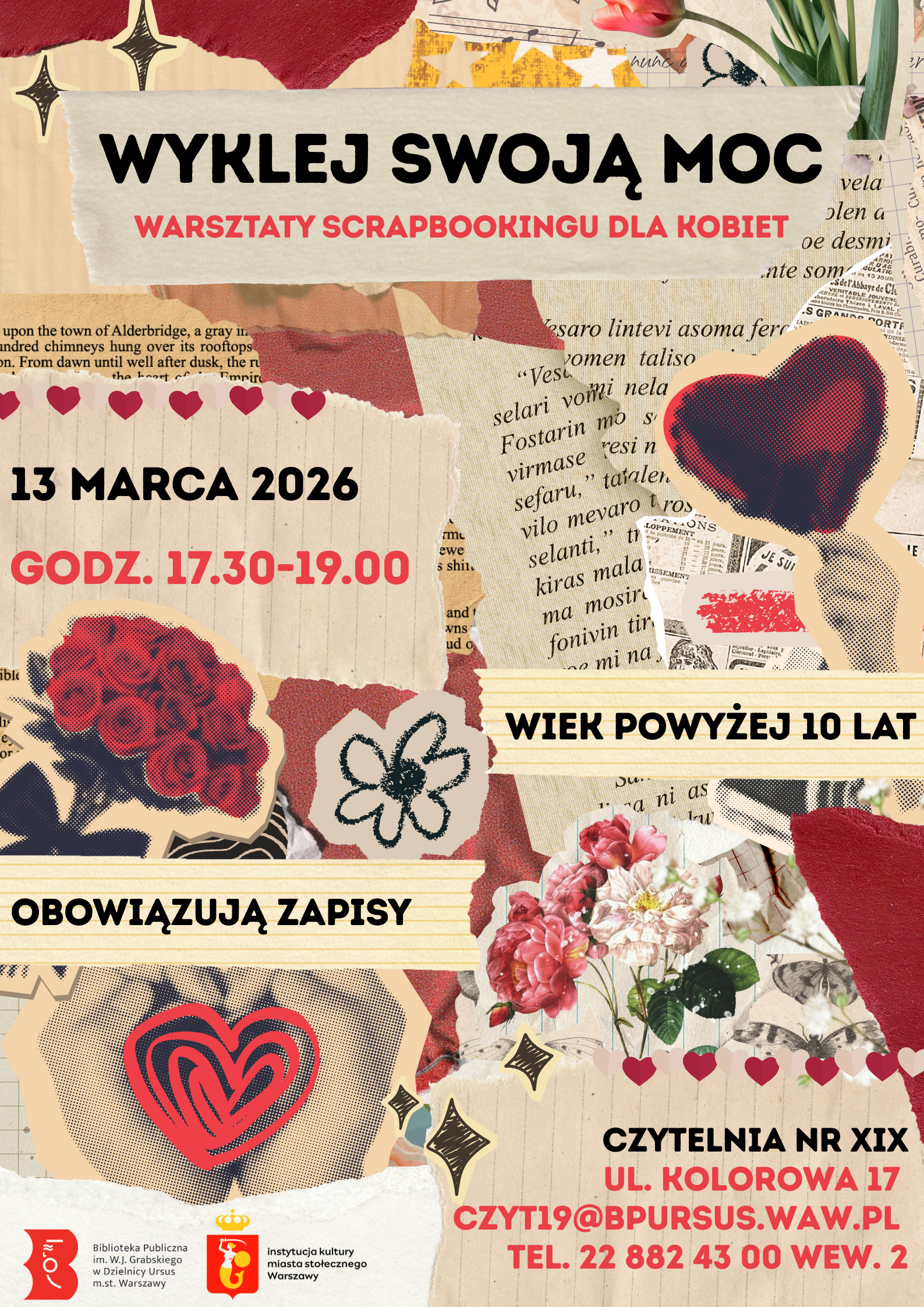 Plakat z czerwonym sercem otoczonym kolorowymi kwiatami