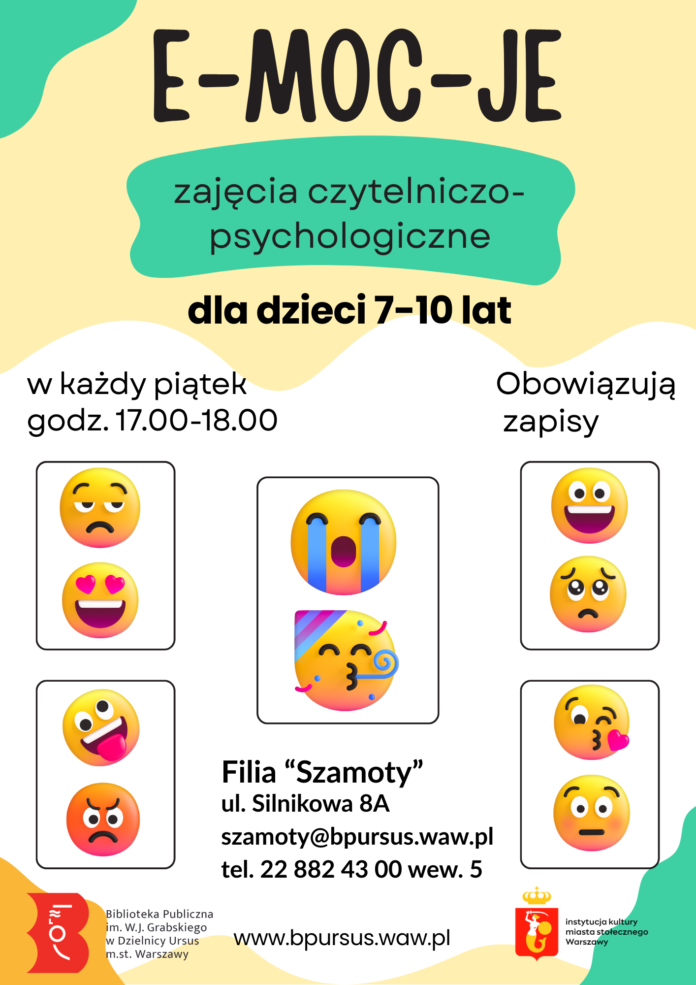 Plakat promujący zajęcia czytelniczo-psychologiczne z różnymi emotkami, podkreślający temat e-mocji.