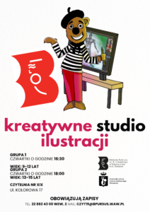 Plakat promujący kreatywne studio ilustracyjne z kolorowymi grafikami i nowoczesnym designem.