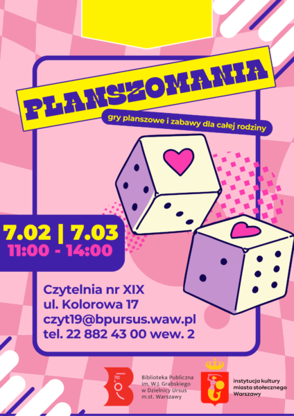 Plakat wydarzenia z dwoma kostkami i sercami w tle, symbolizującymi zabawę i miłość.