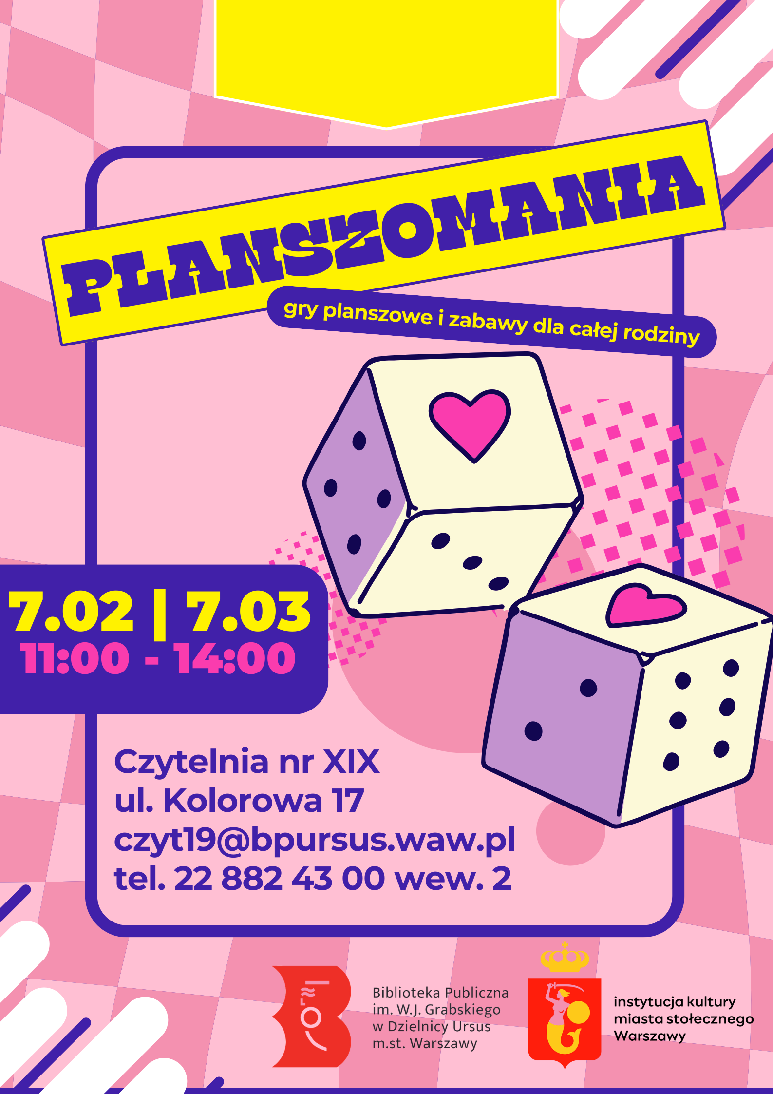 Plakat wydarzenia z dwoma kostkami i sercami w tle, symbolizującymi zabawę i miłość.