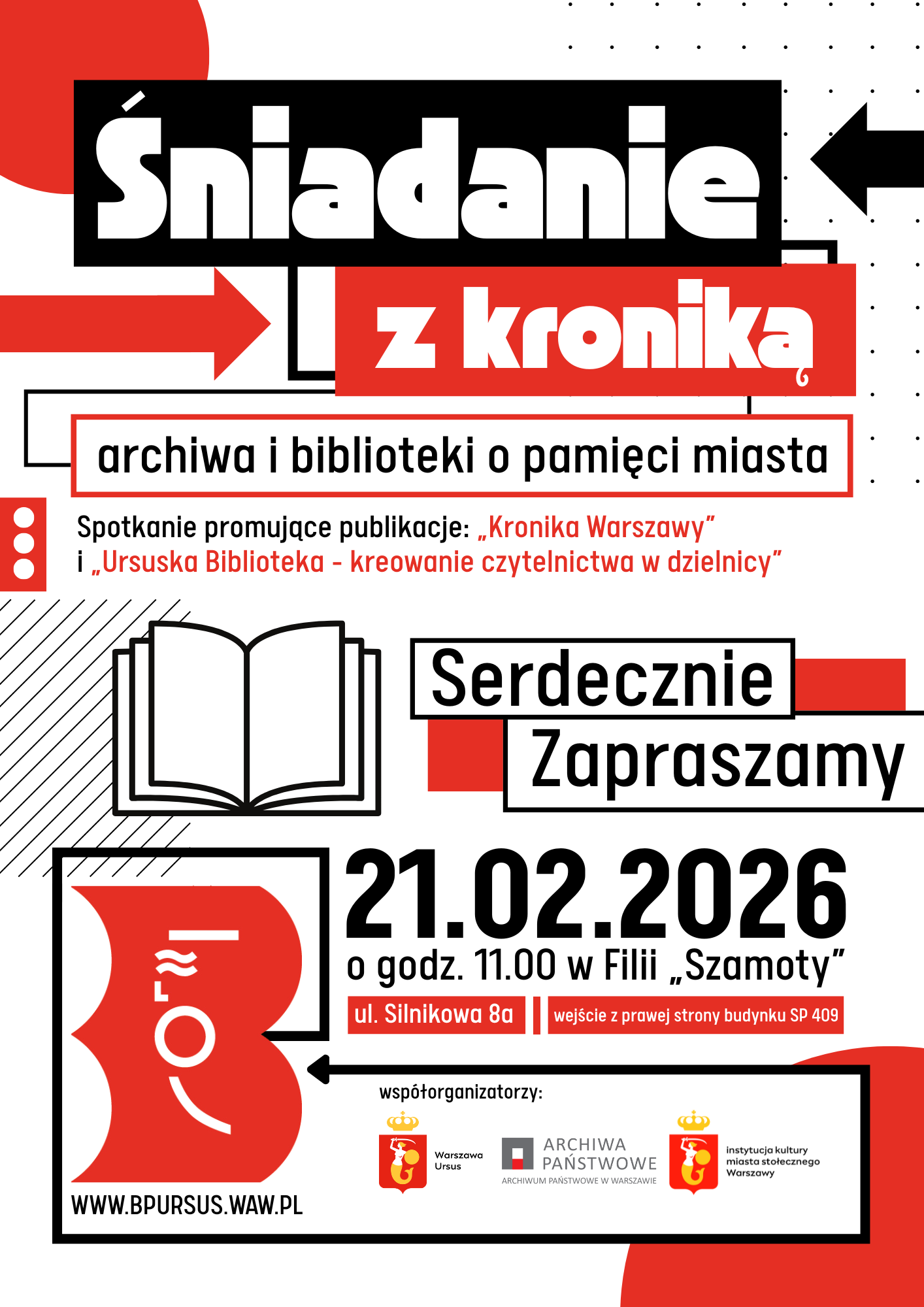 Plakat zapraszający na spotkanie autorskie z książkami, z czerwonymi i czarnymi kształtami oraz strzałkami.