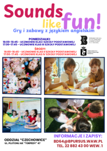 Plakat "Sounds Like Fun" z informacjami o wydarzeniu, wesołymi kolorami i grafiką przyciągającą uwagę