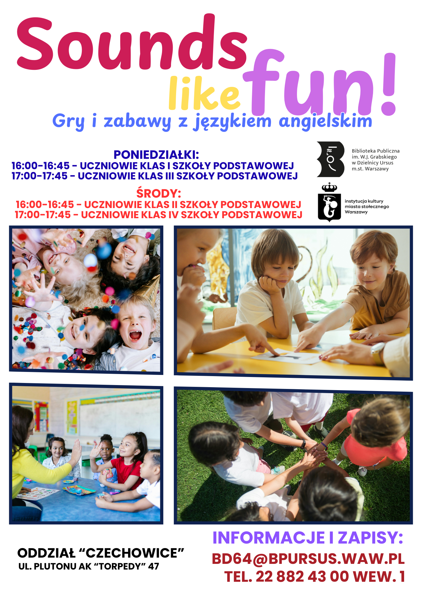 Plakat "Sounds Like Fun" z informacjami o wydarzeniu, wesołymi kolorami i grafiką przyciągającą uwagę