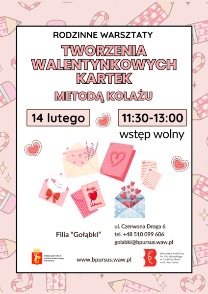 Plakat promujący wydarzenie z okazji Walentynek, z sercami i romantycznymi motywami i kartkami