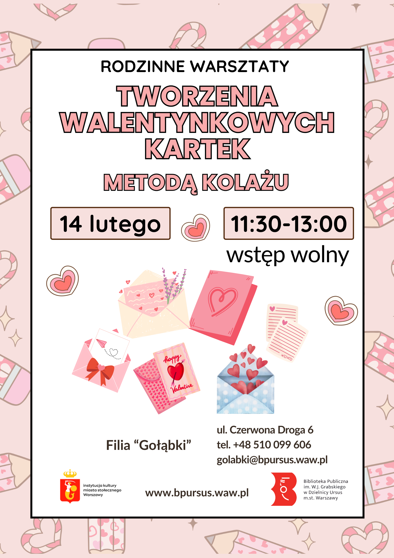 Plakat promujący wydarzenie z okazji Walentynek, z sercami i romantycznymi motywami i kartkami