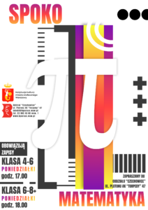 Grafika matematyczna, w tle kolorowe i czarne prostokąty. Na środku wielka liczba pi.