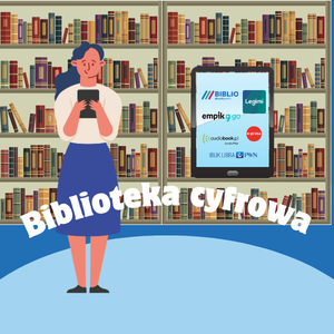 Ilustracja przedstawia kobietę przyjmującą tablet, w tle regały z książkami w bibliotece