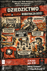 Plakat promujący wydarzenie punkowe z motywem robotów i klasycznego punku