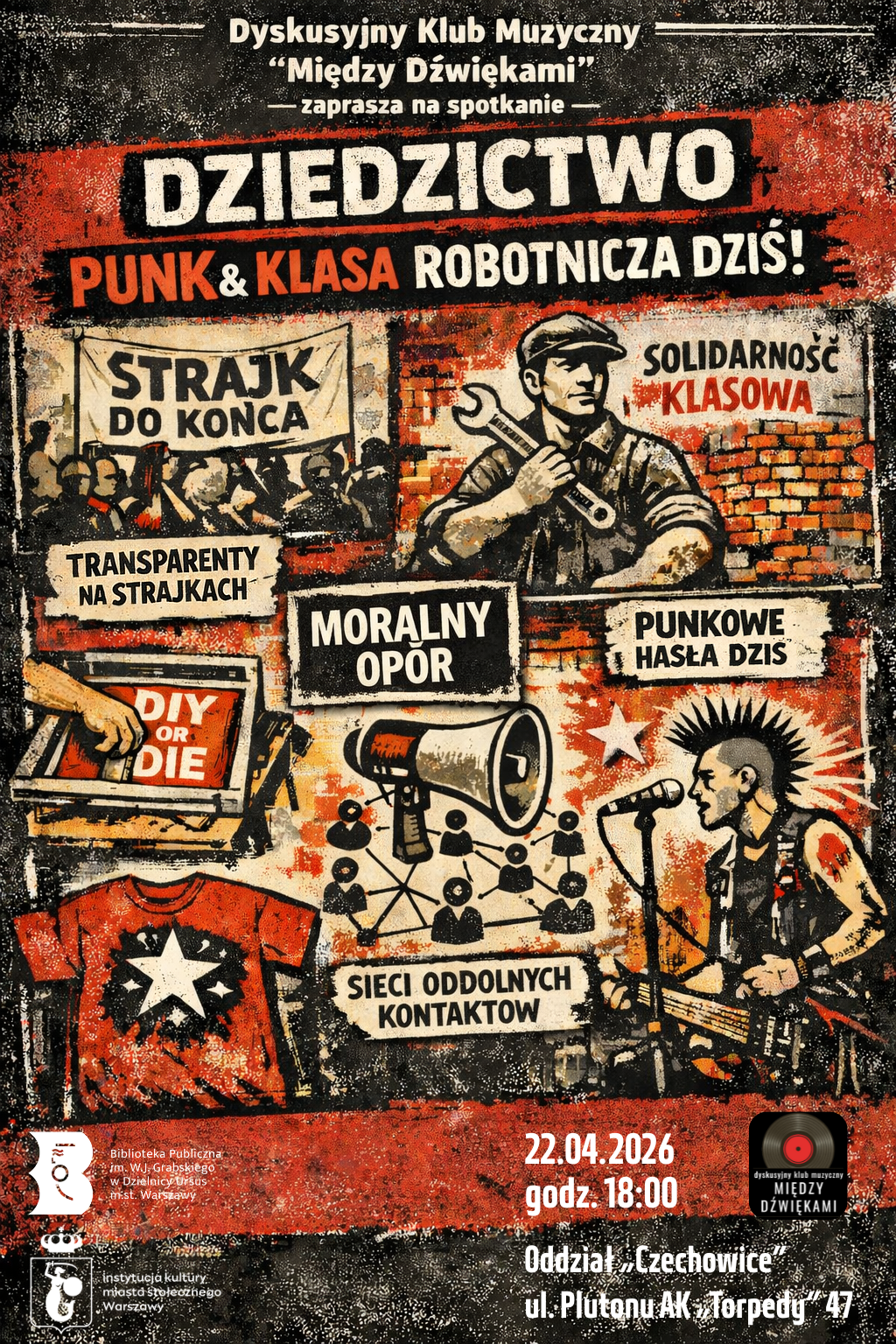 Plakat promujący wydarzenie punkowe z motywem robotów i klasycznego punku