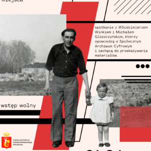 Mężczyzna trzyma dziecko za rękę i z nią spaceruje. W tle są czarne i czerwone geometryczne kształty.