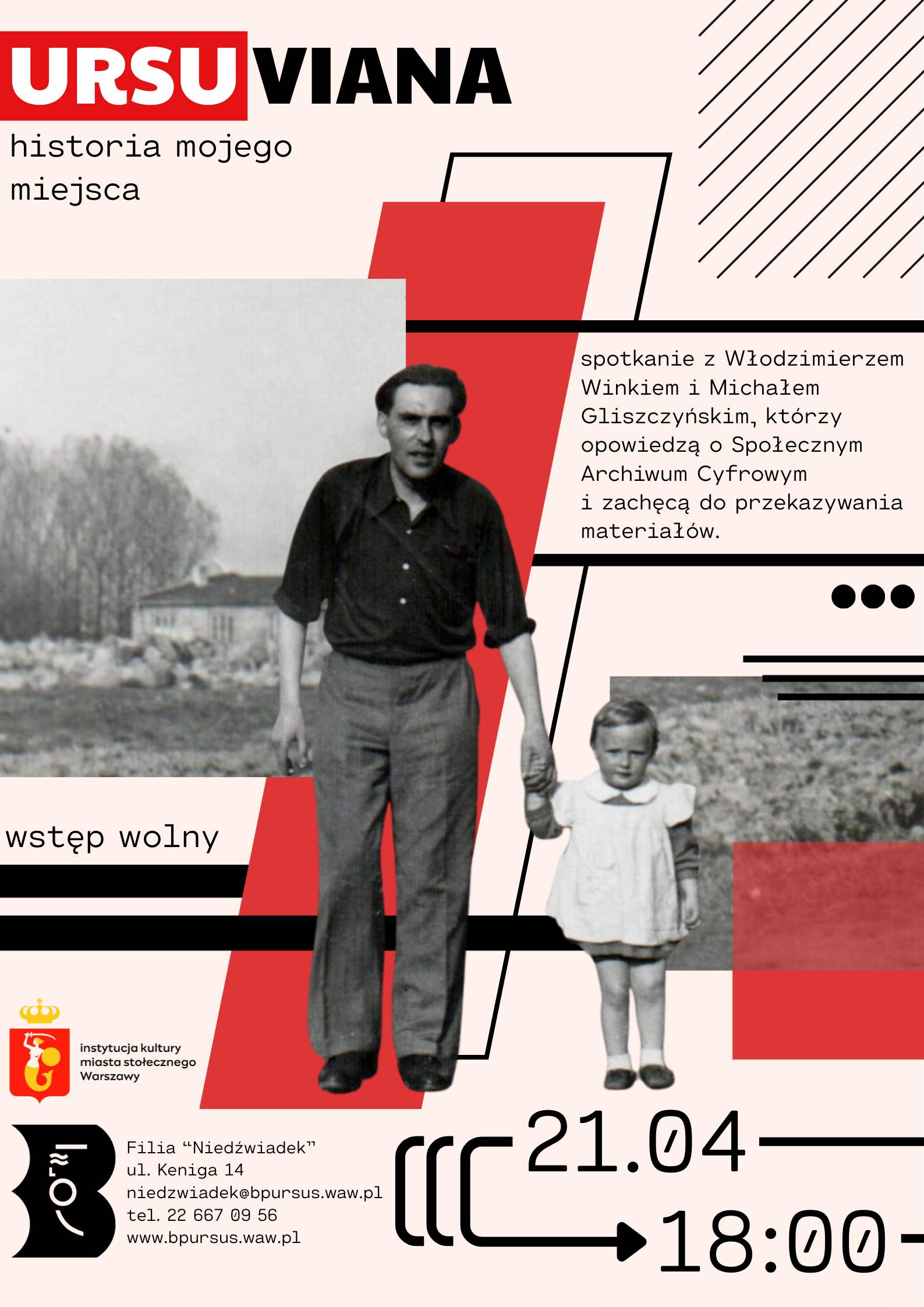 Mężczyzna trzyma dziecko za rękę i z nią spaceruje. W tle są czarne i czerwone geometryczne kształty.