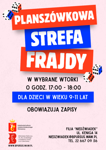 plakat z kostkami i napisami planszówka strefa frajdy