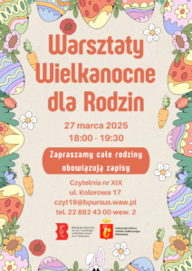 W tle są jajka wielkanocne oraz dużo zieleni i kwiatów.