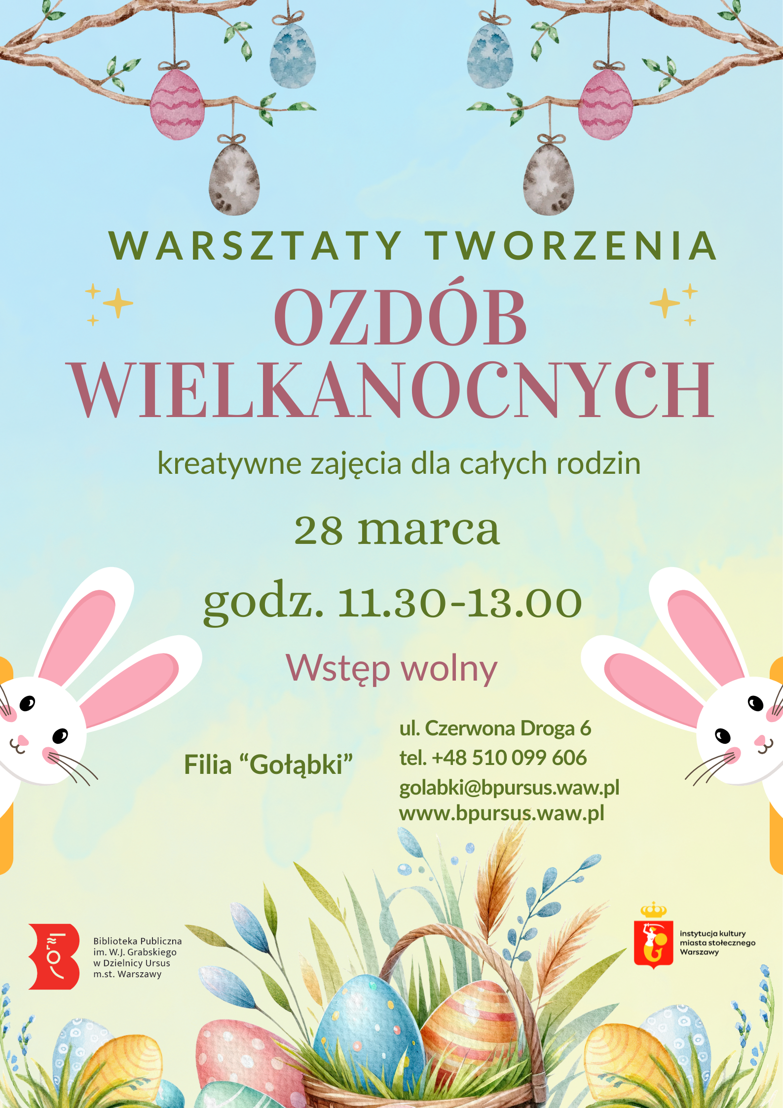 plakat promujący warsztaty wielkanocne z ozdobami - jajka, zajączki