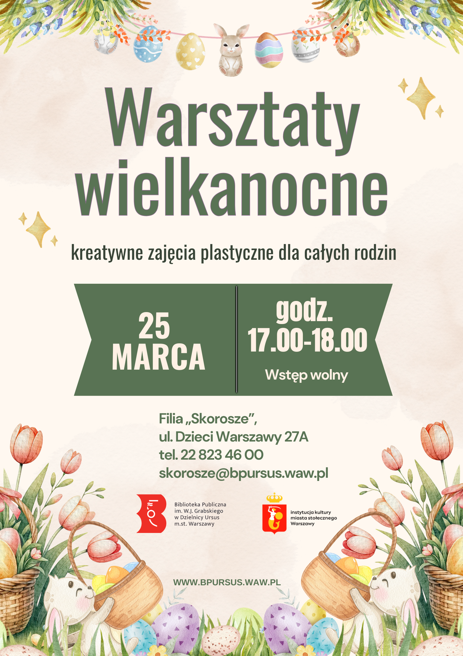 plakat promujący warsztaty wielkanocne z ozdobami - jajka, zajączki