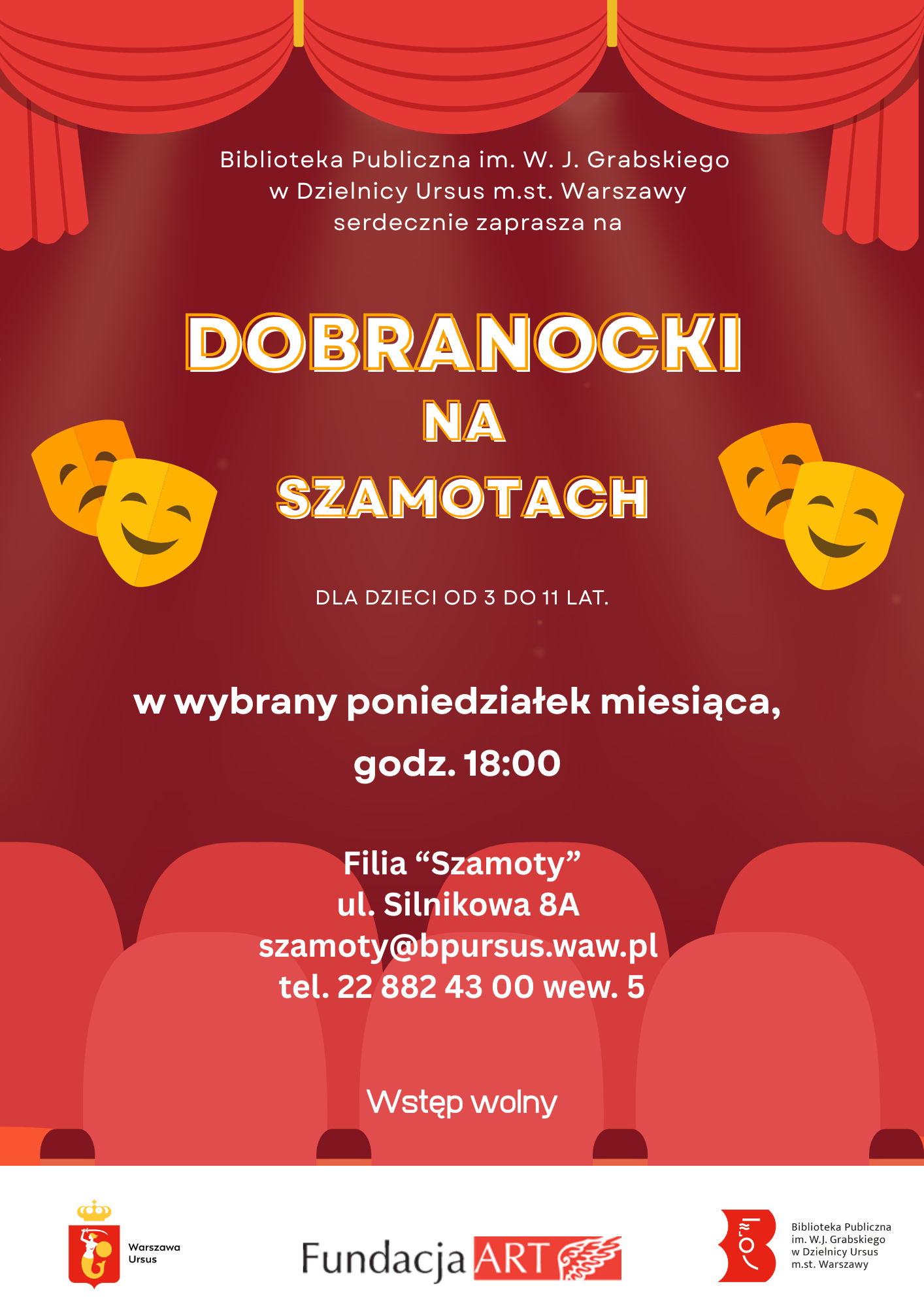 ilustracja przedstawiająca teatr, z maskami, krzesłami oraz