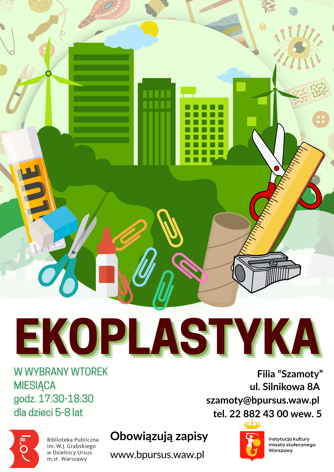 plakat z ilustracjami eko i artykuły biurowe