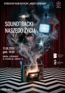 Grafika albumu "Soundtrack nazvo zycia" z tytułem na tle dynamicznych, muzycznych elementów