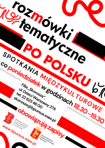 plakat zawiera czarno-czerwone elementy oraz flagę Polską