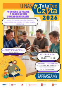 mężczyźni wspólnie czytają razem z dziećmi książki w bibliotece.