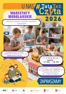 Dzieci się bawią przy stole, robiąc pracę modelarskie, przy stole leży modelki pojazdów oraz budynków.