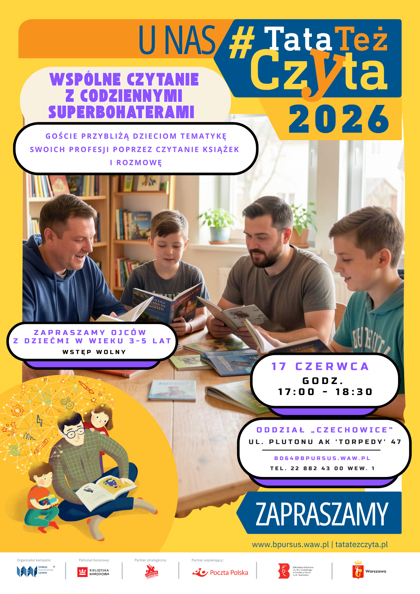 mężczyźni wspólnie czytają razem z dziećmi książki w bibliotece.