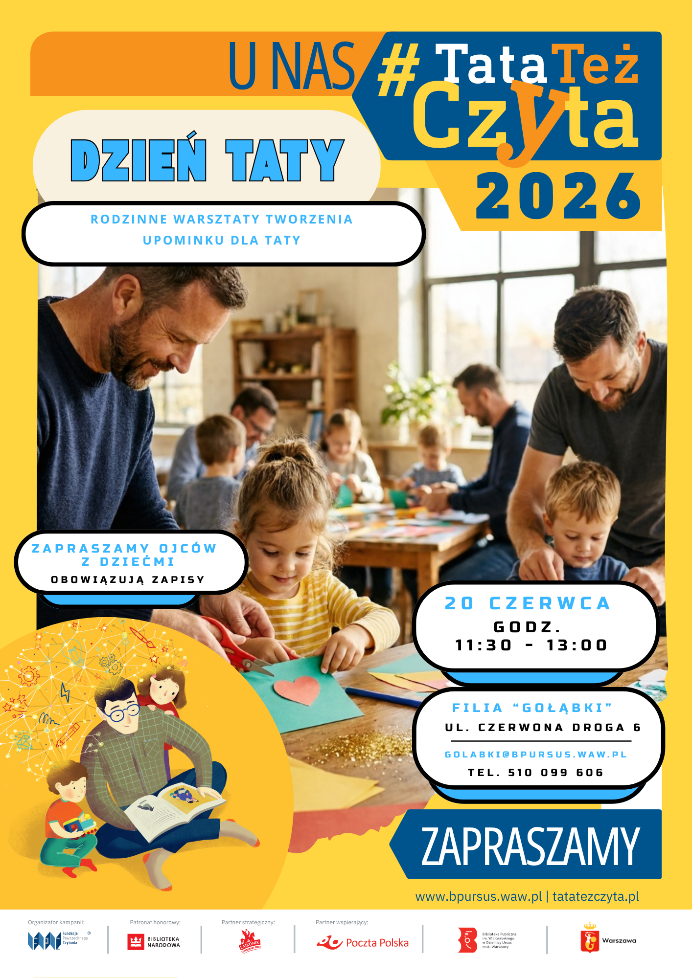 Taty razem z dziećmi wykonują pracy plastyczne z kolorowego papieru