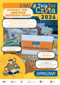 kilka książek leżą na stoliku, obok stoi pomarańczowy plakat z napisem "Półka pomysłów dla Taty", oraz zakładki do książek