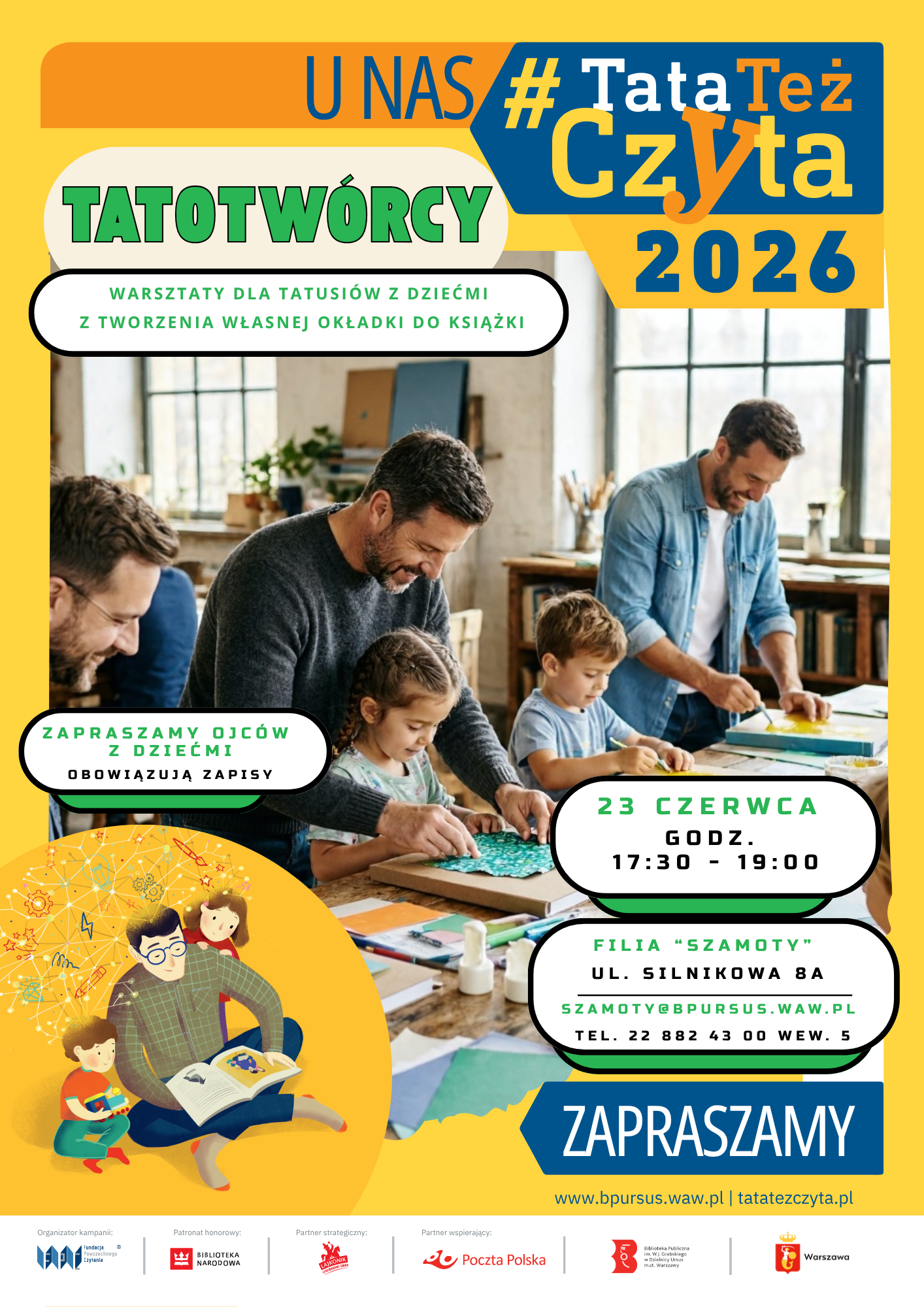 taty razem z dziećmi robią okładki do książek z kolorowych materiałów