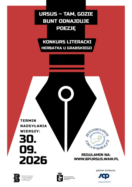 Grafika na której widnieje obrazek przypominający stalówkę na ceglasto - białym tle. Obok znajdują się napisy i logotyp.