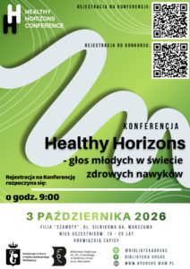 białe, szare i czarne napisy na zielonym tle oraz szary "zygzag" pośrodku