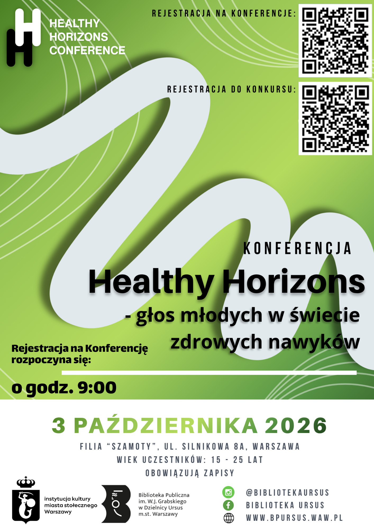 białe, szare i czarne napisy na zielonym tle oraz szary "zygzag" pośrodku
