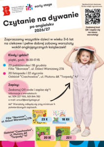 Dziewczynka trzymająca książki nad głową oraz kolorowa grafika z okładkami książek dla dzieci.