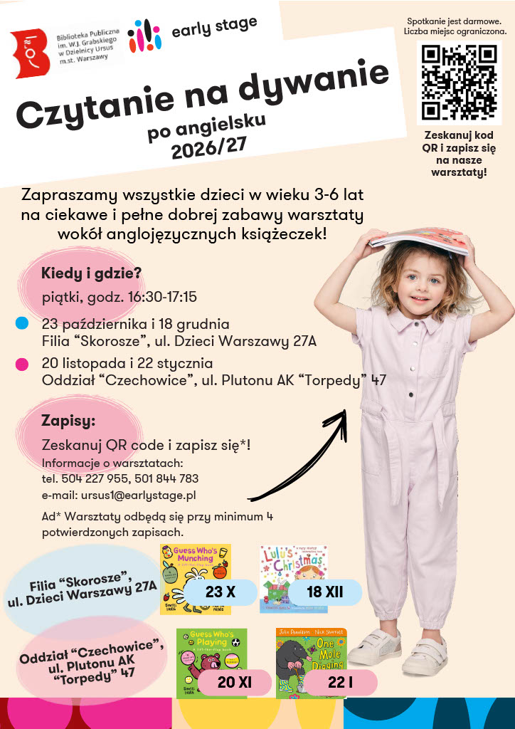 Dziewczynka trzymająca książki nad głową oraz kolorowa grafika z okładkami książek dla dzieci.